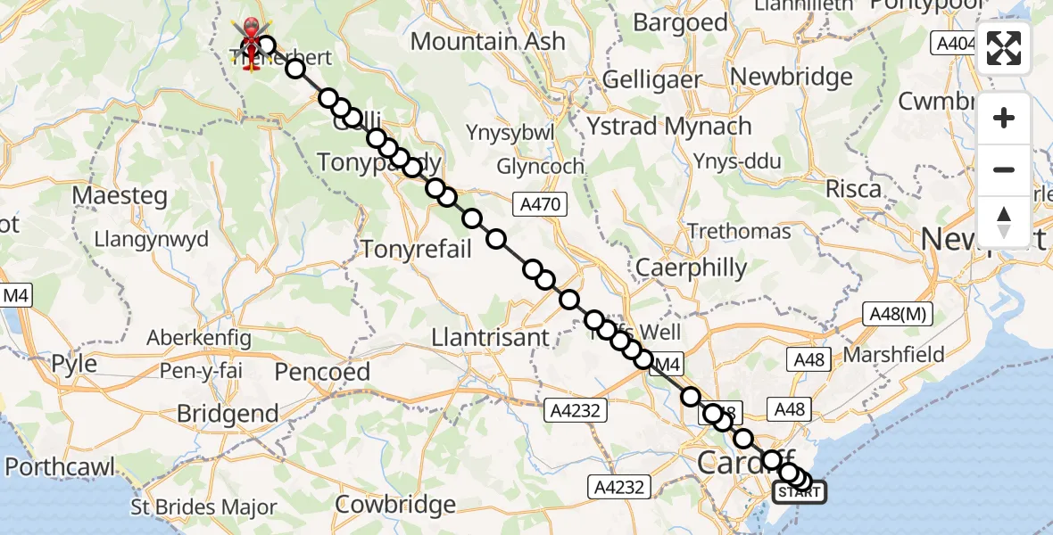 Flight route Air Ambulance Helicopter Cardiff Heliport - Blaencwm, 12 May 2026, 19:05