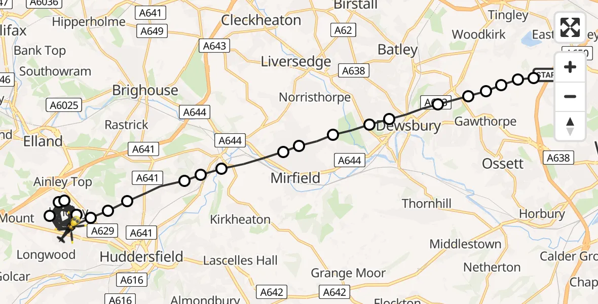 Flight route Police Helicopter East Ardsley - Lindley, 12 May 2026, 19:06