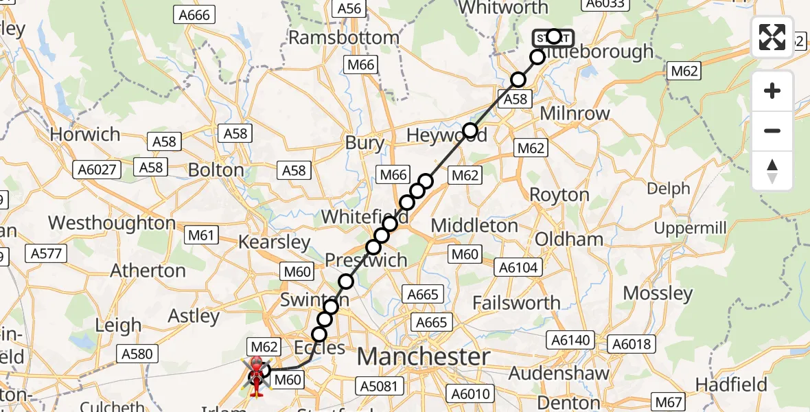 Flight route Air Ambulance Helicopter Rochdale - Irlam, 12 May 2026, 19:07