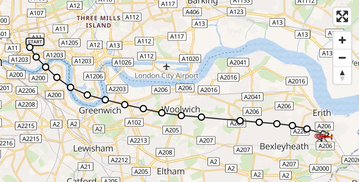 Flight route Air Ambulance Helicopter Royal London Hospital - Barnehurst, 12 May 2026, 19:12