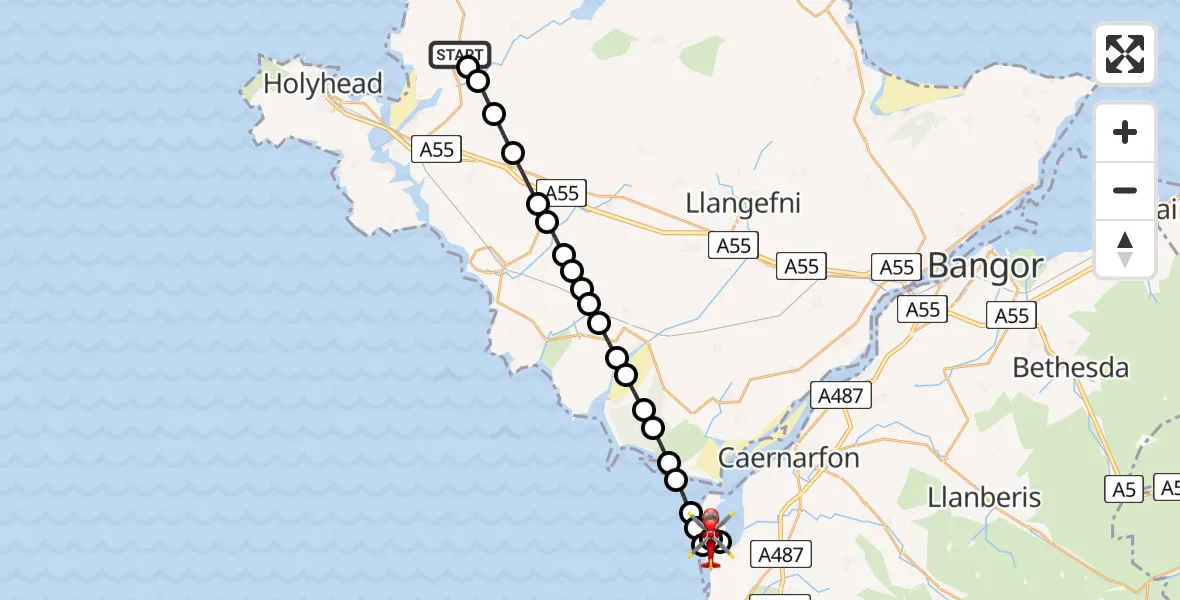 Flight route Air Ambulance Helicopter Llanfachraeth - Caernarfon Airport, 12 May 2026, 19:17