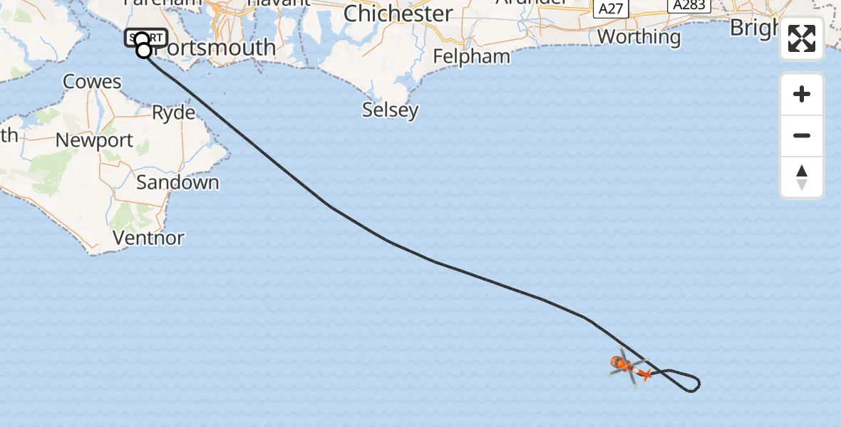 Flight route Coastguard Helicopter Solent Airport - English Channel, 12 May 2026, 19:18