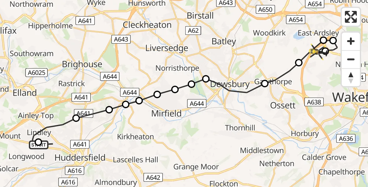 Flight route Police Helicopter Lindley - Wrenthorpe, 12 May 2026, 19:30