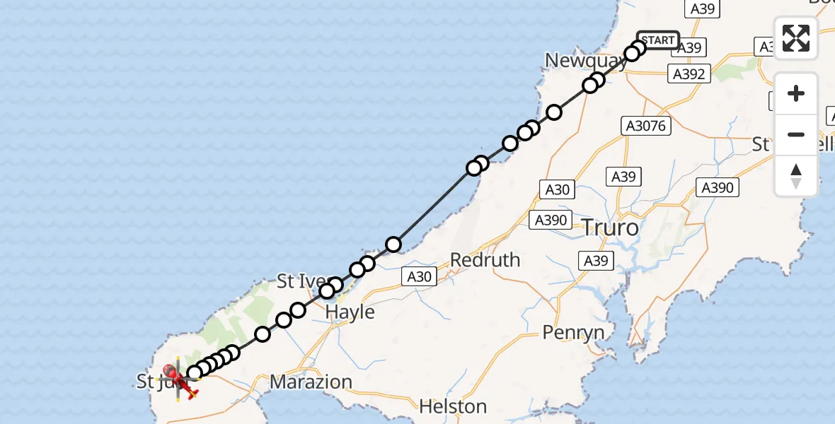 Flight route Air Ambulance Helicopter Cornwall Airport Newquay - St Just, 12 May 2026, 19:34
