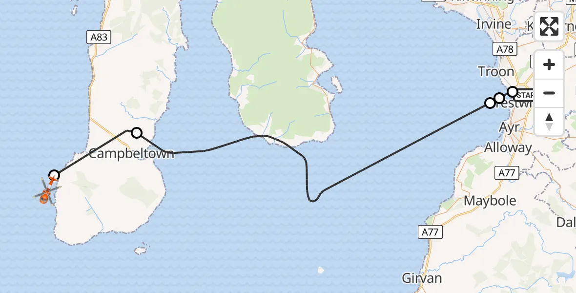 Flight route Coastguard Helicopter Glasgow Prestwick Airport - Inner Seas, 12 May 2026, 19:42