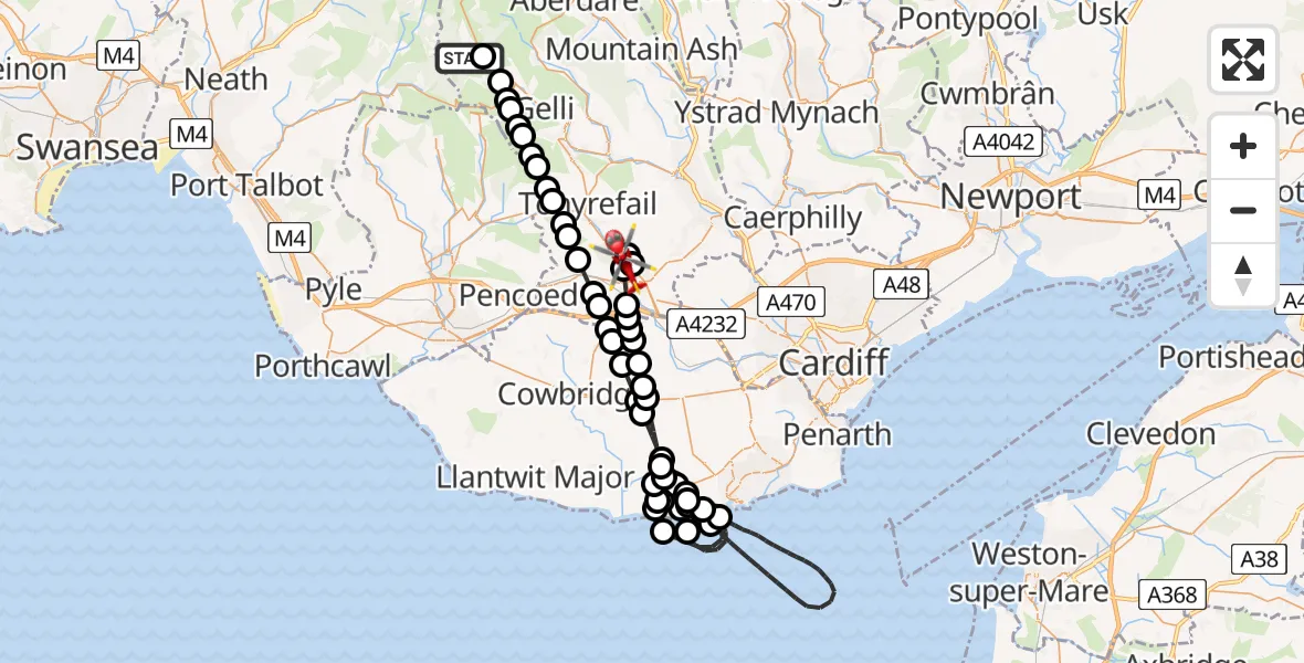 Flight route Air Ambulance Helicopter Blaenrhondda - Llantrisant, 12 May 2026, 19:49