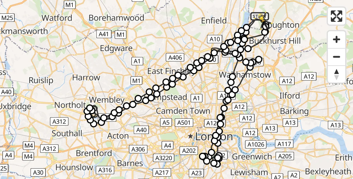 Flight route Police Helicopter Sewardstonebury - Sewardstonebury, 12 May 2026, 19:49