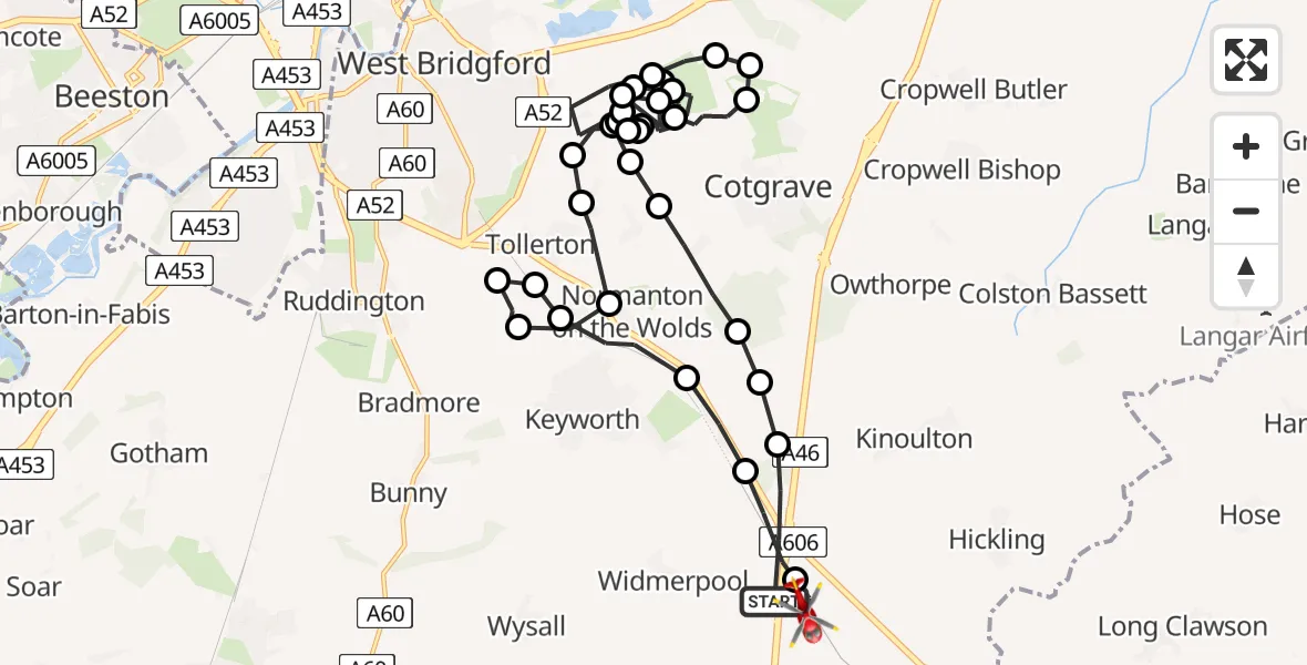 Flight route Air Ambulance Helicopter Widmerpool - Nottingham Heliport, 12 May 2026, 19:51
