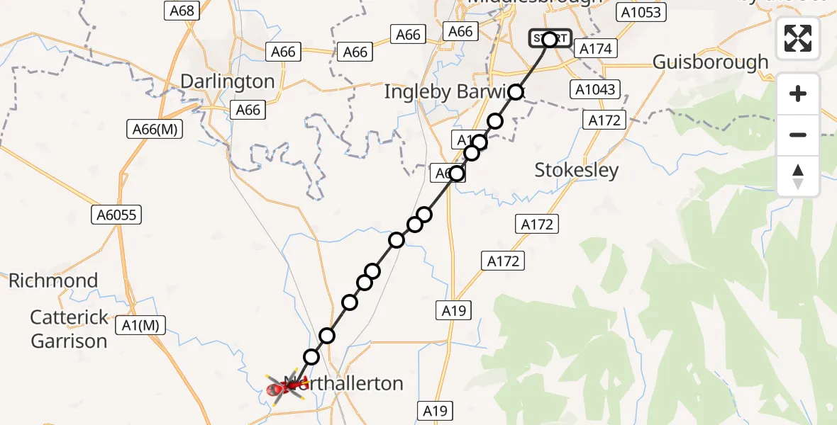 Flight route Air Ambulance Helicopter James Cook University Hospital - Yafforth, 12 May 2026, 19:53