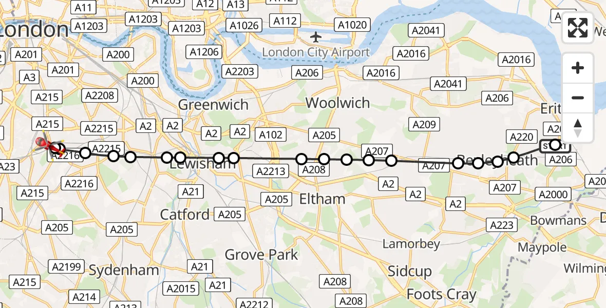 Flight route Air Ambulance Helicopter North End - Kings College London Hospital, 12 May 2026, 20:14