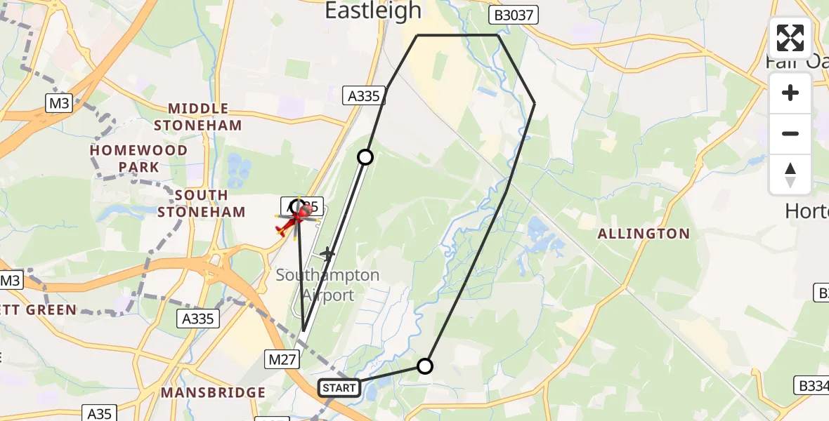 Flight route Air Ambulance Helicopter Southampton Airport - Eastleigh, 12 May 2026, 20:24