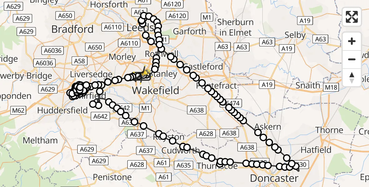 Flight route Police Helicopter East Ardsley - Wrenthorpe, 12 May 2026, 20:36
