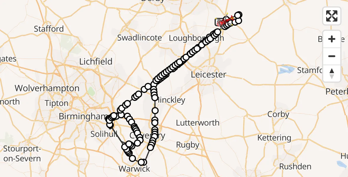 Flight route Air Ambulance Helicopter Willoughby on the Wolds - Rushcliffe, 12 May 2026, 20:44