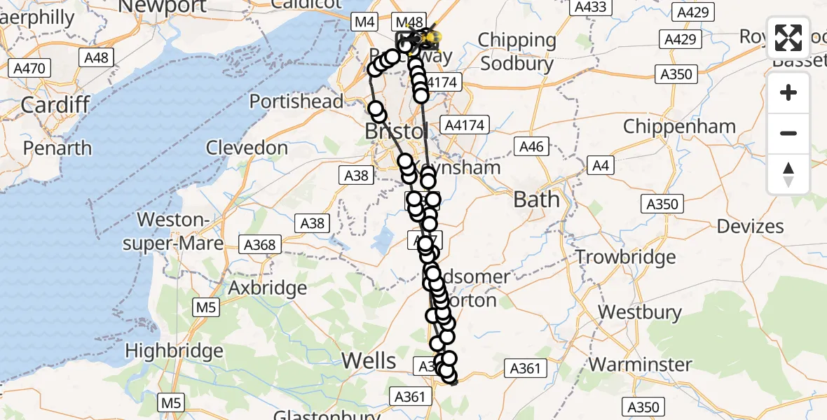 Flight route Police Helicopter Almondsbury Helicopter Base - Almondsbury Helicopter Base, 12 May 2026, 20:50
