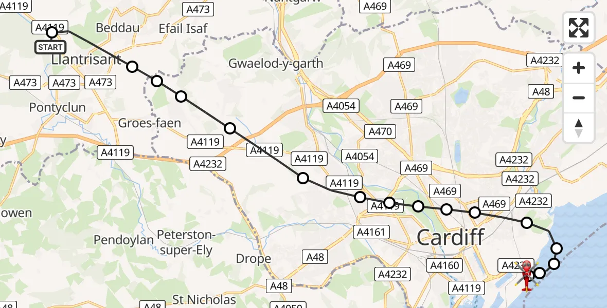 Flight route Air Ambulance Helicopter Royal Glamorgan Hospital Heliport - Cardiff Heliport, 12 May 2026, 20:52