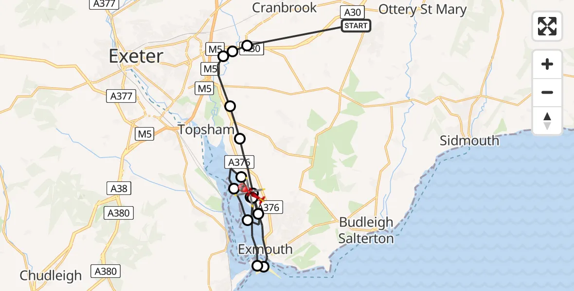 Flight route Air Ambulance Helicopter Rockbeare - Lympstone, 12 May 2026, 20:58
