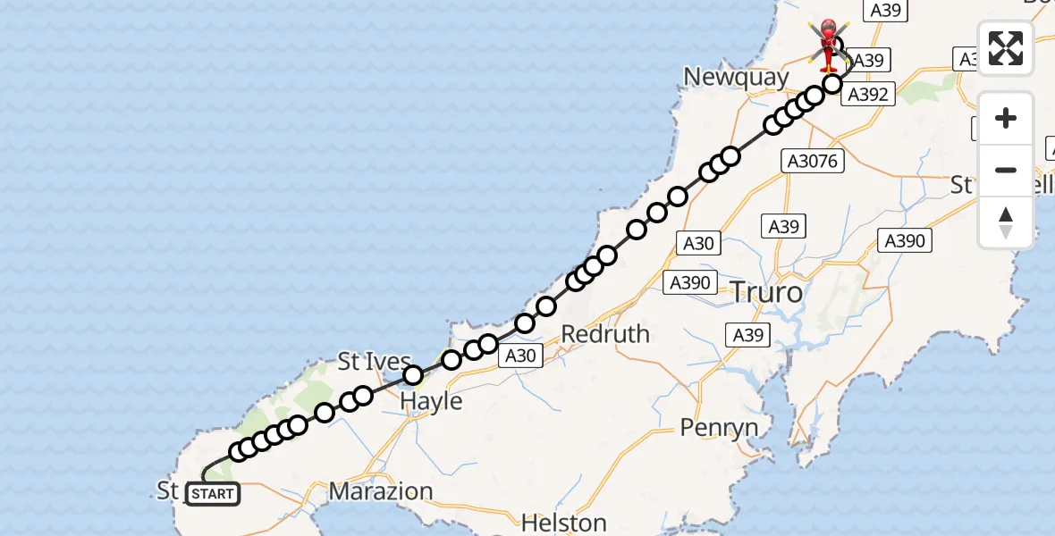 Flight route Air Ambulance Helicopter St Just - Cornwall Airport Newquay, 12 May 2026, 21:01