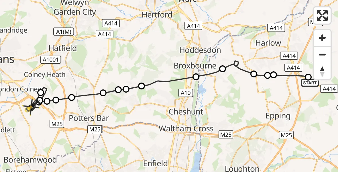 Flight route Police Helicopter North Weald Airfield - Shenley, 12 May 2026, 21:04