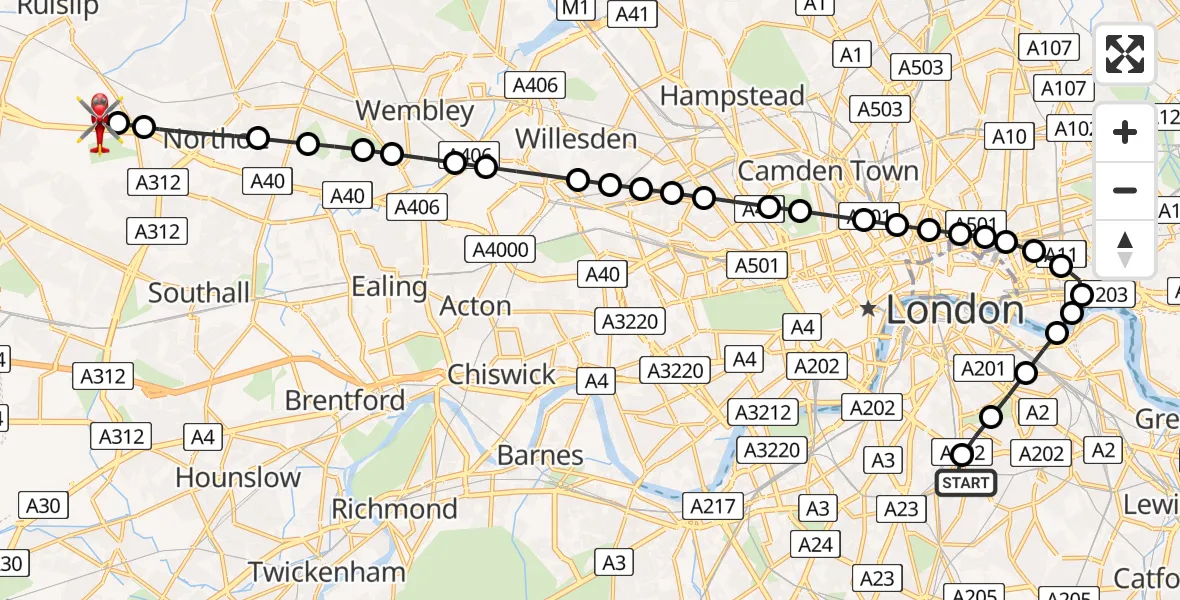 Flight route Air Ambulance Helicopter Kings College London Hospital - RAF Northolt, 12 May 2026, 21:13