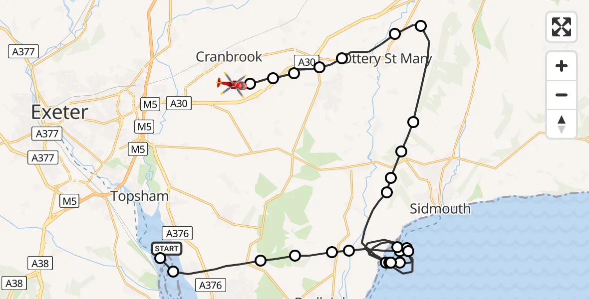 Flight route Air Ambulance Helicopter Exton - Rockbeare, 12 May 2026, 21:16