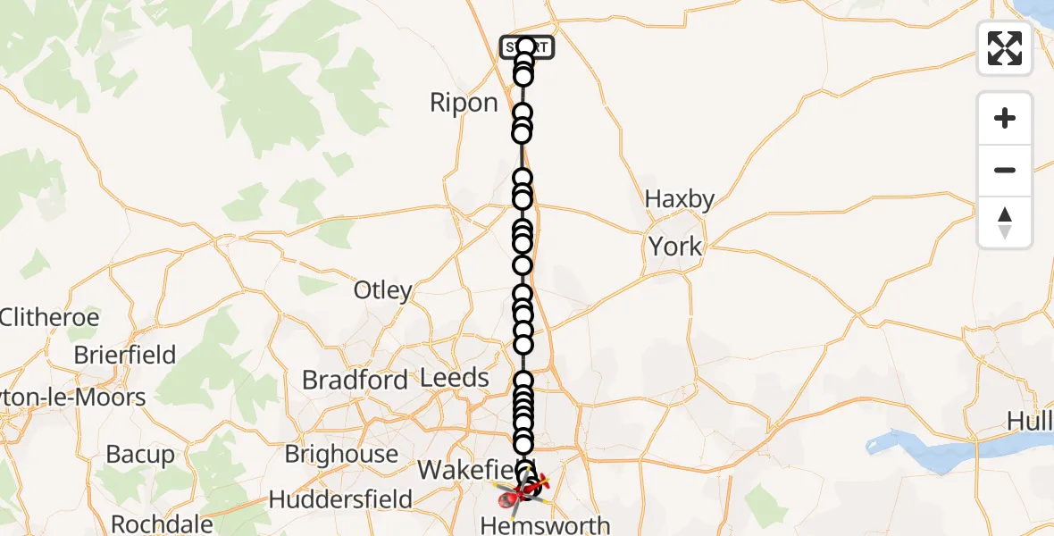 Flight route Air Ambulance Helicopter RAF Topcliffe - YAA Nostell Helicopter Port, 12 May 2026, 21:19