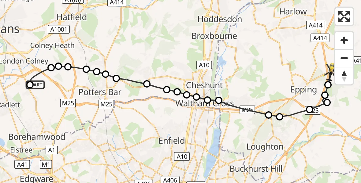 Flight route Police Helicopter Hertfordshire Microlight Club London Colney Airstrip - North Weald Airfield, 12 May 2026, 21:23