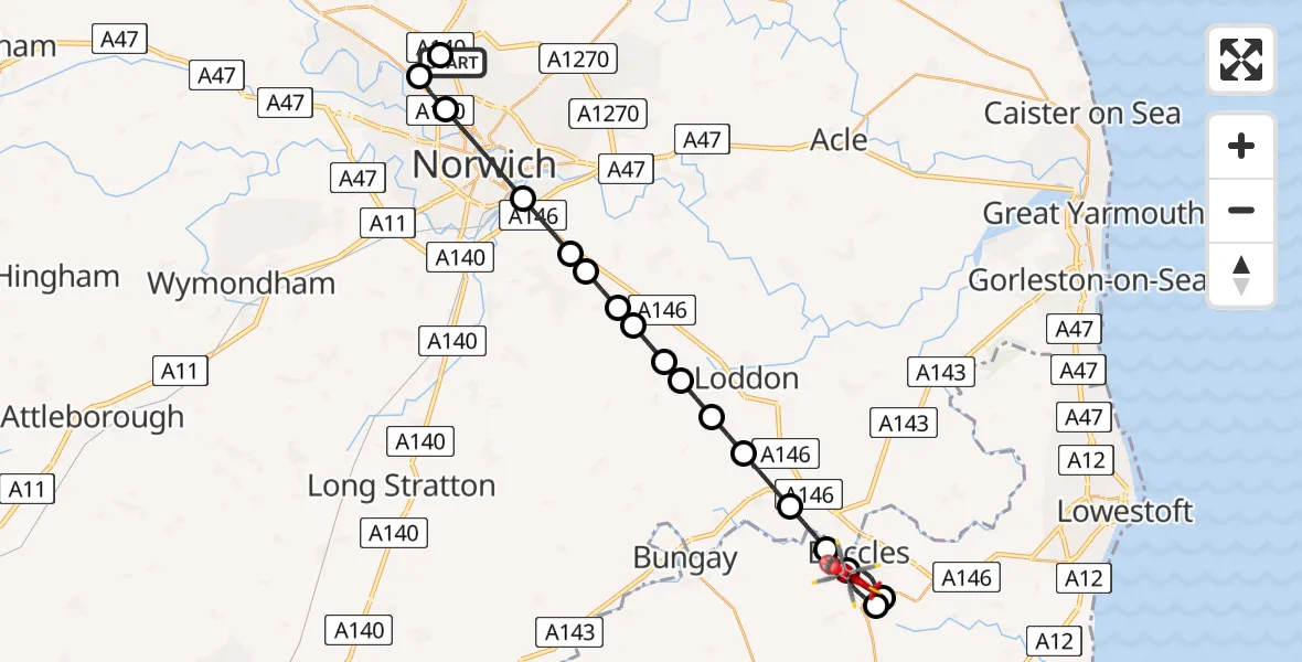 Flight route Air Ambulance Helicopter Norwich Airport - Beccles, 12 May 2026, 21:40