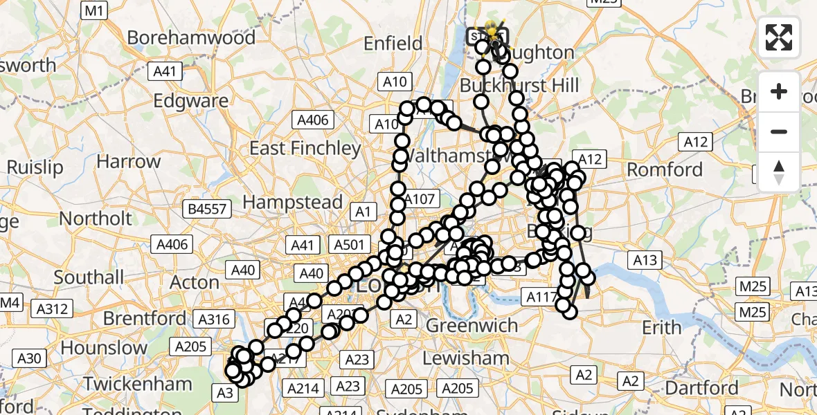 Flight route Police Helicopter Sewardstonebury - Metropolitan Police Air Support Unit Lippitts Hill, 12 May 2026, 22:18