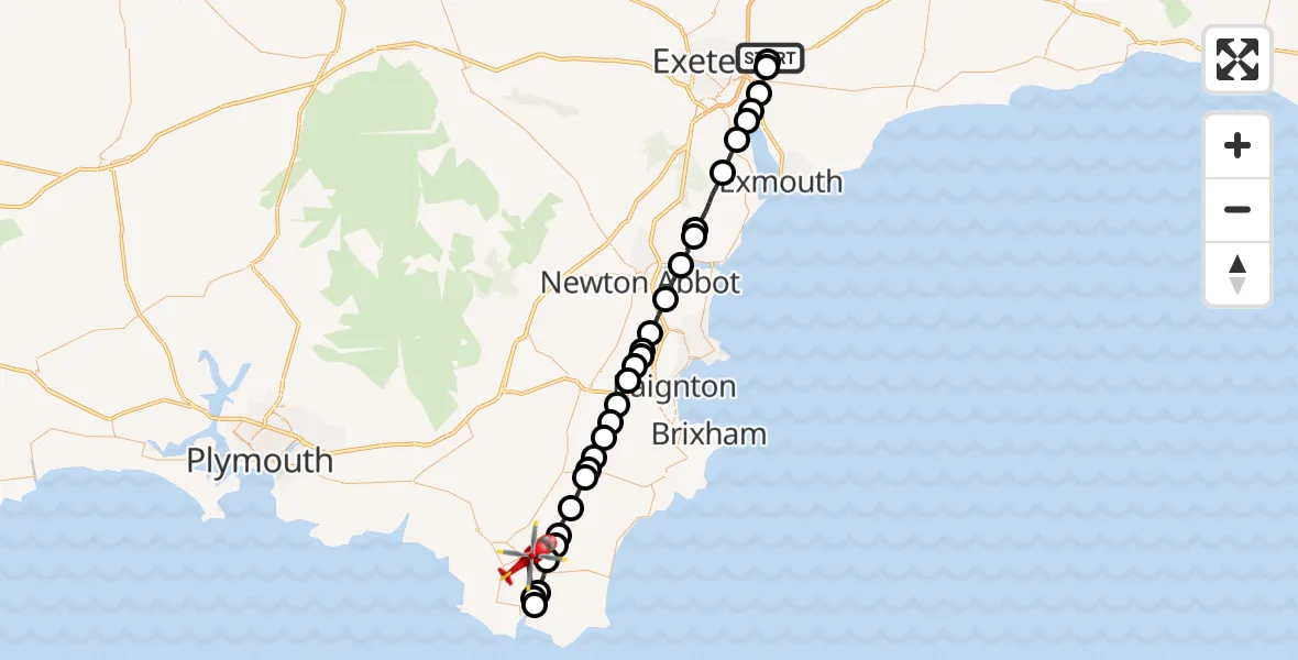 Flight route Air Ambulance Helicopter Exeter International Airport - Kingsbridge, 12 May 2026, 22:39