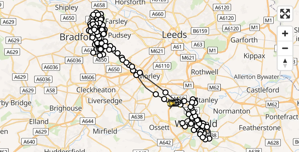 Flight route Police Helicopter East Ardsley - Wrenthorpe, 12 May 2026, 22:51
