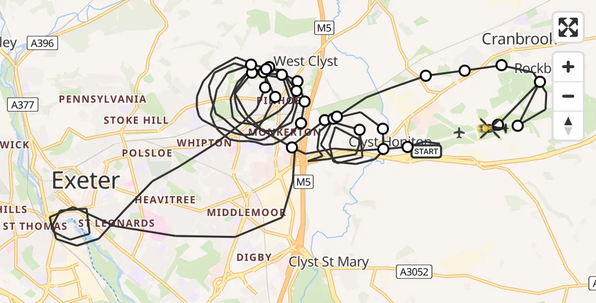 Flight route Police Helicopter Exeter International Airport - Exeter International Airport, 12 May 2026, 22:56