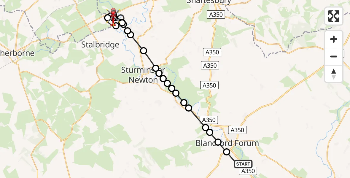 Flight route Air Ambulance Helicopter Charlton Marshall - Henstridge Airfield, 12 May 2026, 22:58