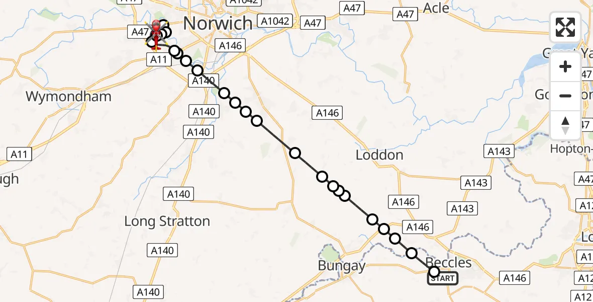 Flight route Air Ambulance Helicopter Beccles - Norfolk & Norwich Hospital, 12 May 2026, 23:17