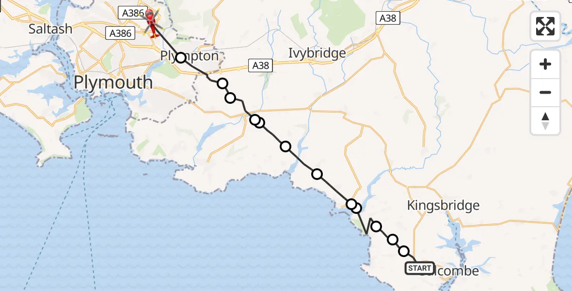 Flight route Air Ambulance Helicopter Malborough - Plympton, 12 May 2026, 23:49