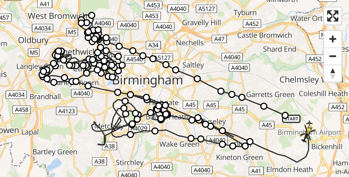 Flight route Police Helicopter Birmingham Airport - Birmingham Airport, 12 May 2026, 23:59