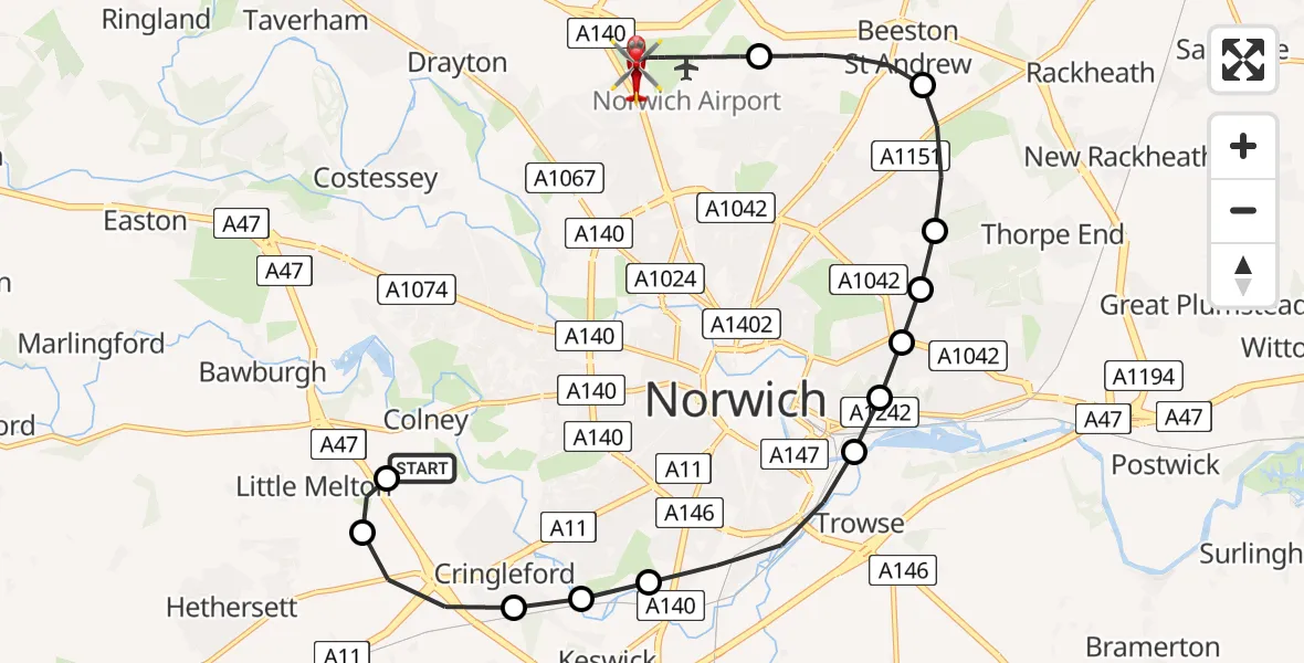 Flight route Air Ambulance Helicopter Norfolk & Norwich Hospital - Norwich Airport, 13 May 2026, 00:00