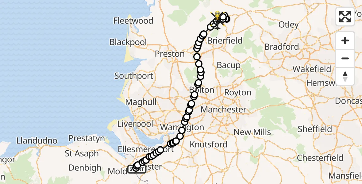 Flight route Police Helicopter Hawarden Airport - Gisburn, 13 May 2026, 00:12