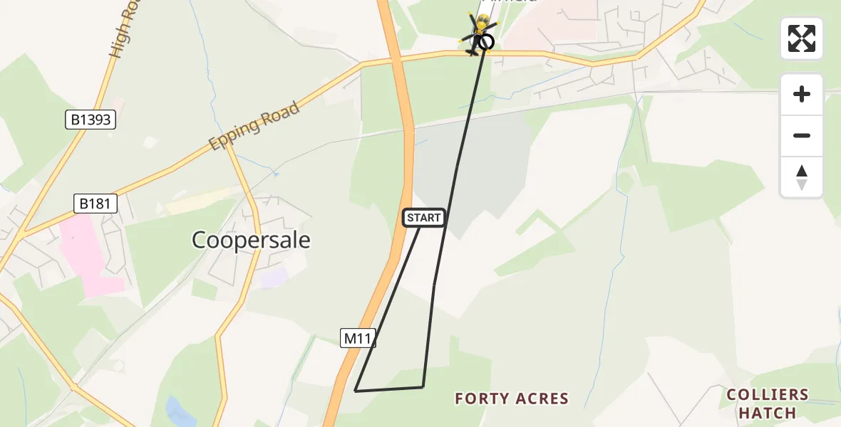 Flight route Police Helicopter Coopersale - North Weald Airfield, 13 May 2026, 00:20