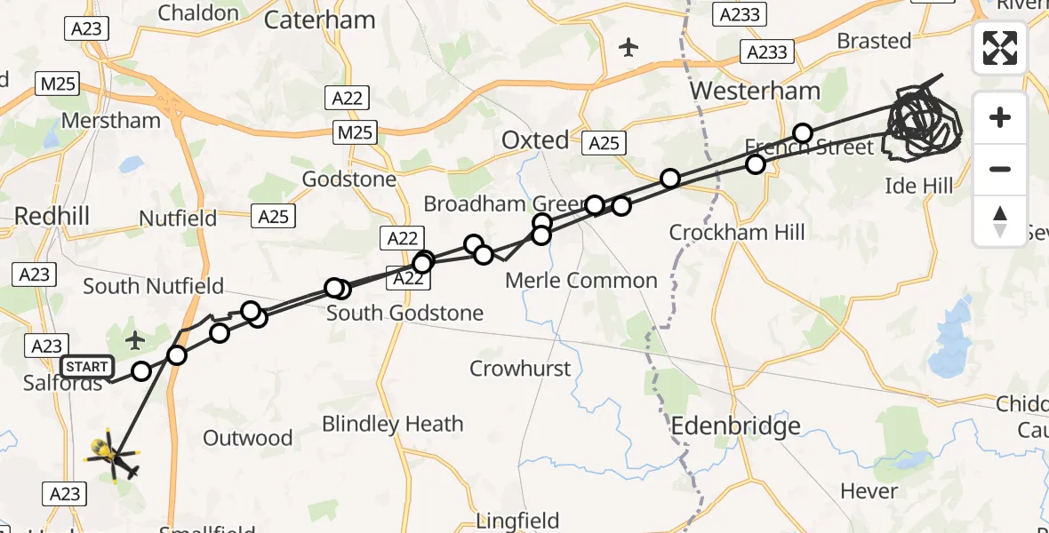 Flight route Police Helicopter Salfords - Horley, 13 May 2026, 00:28