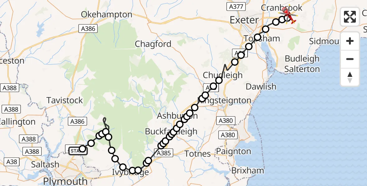Flight route Air Ambulance Helicopter Roborough - Rockbeare, 13 May 2026, 00:30