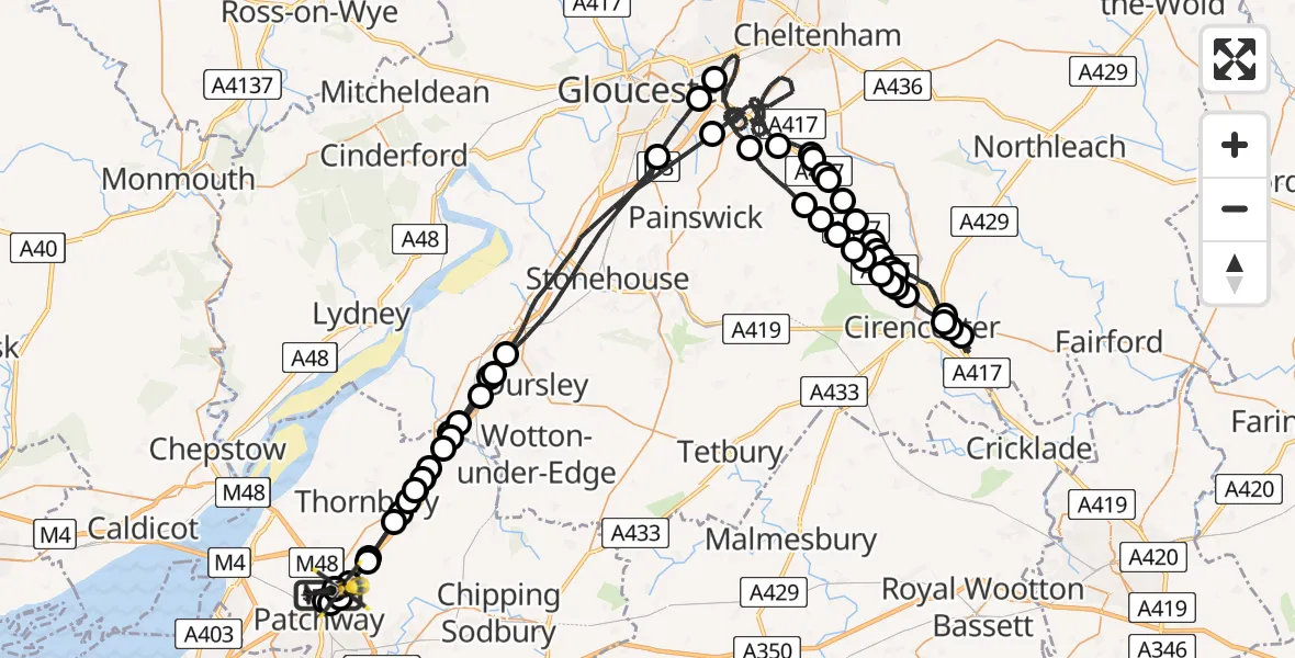 Flight route Police Helicopter Almondsbury Helicopter Base - Almondsbury Helicopter Base, 13 May 2026, 00:40