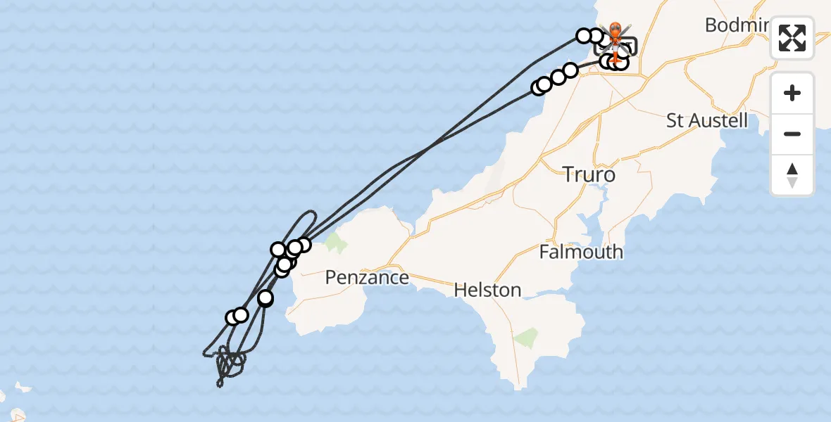 Flight route Coastguard Helicopter Cornwall Airport Newquay - Cornwall Airport Newquay, 13 May 2026, 00:47