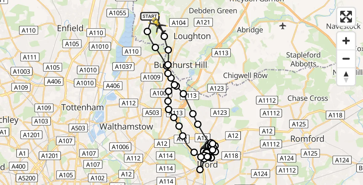 Flight route Police Helicopter Sewardstonebury - Metropolitan Police Air Support Unit Lippitts Hill, 13 May 2026, 01:07