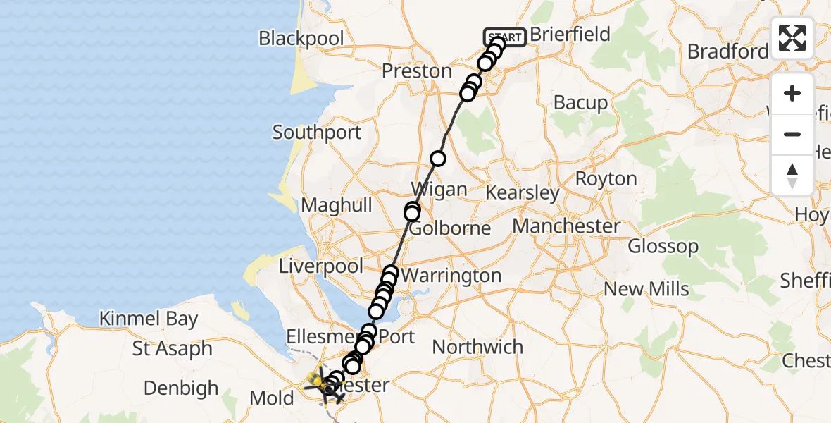 Flight route Police Helicopter Billington - Hawarden Airport, 13 May 2026, 01:12