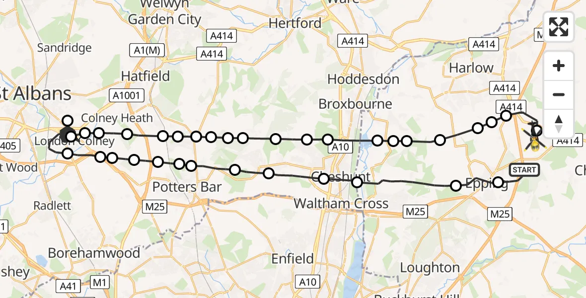 Flight route Police Helicopter Coopersale - North Weald Airfield, 13 May 2026, 04:19