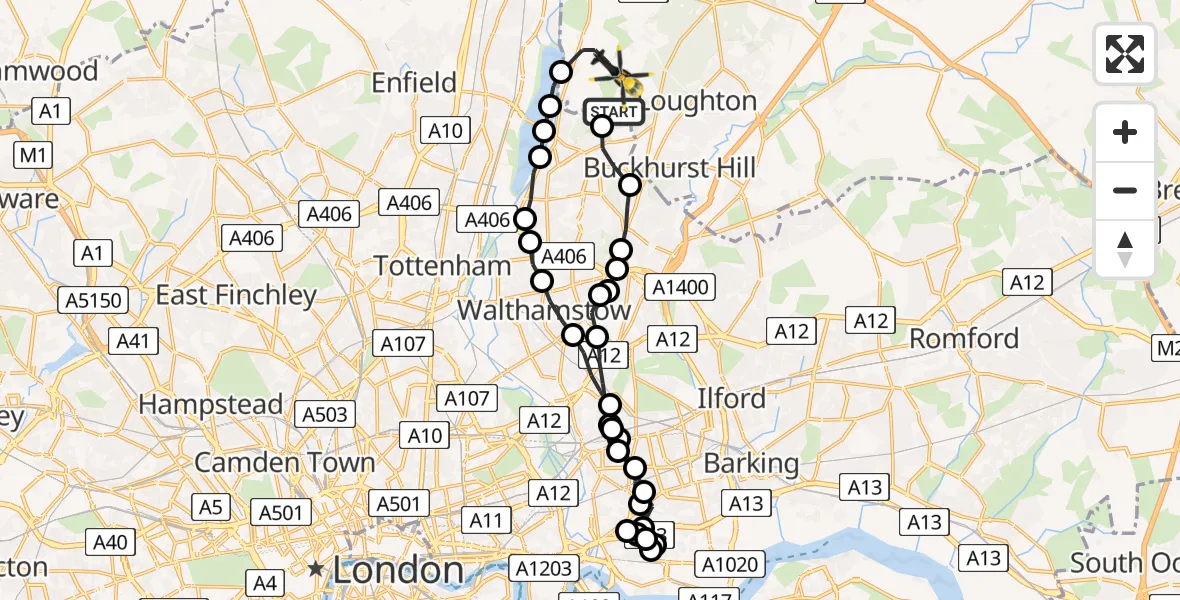 Flight route Police Helicopter Sewardstonebury - Metropolitan Police Air Support Unit Lippitts Hill, 13 May 2026, 05:14