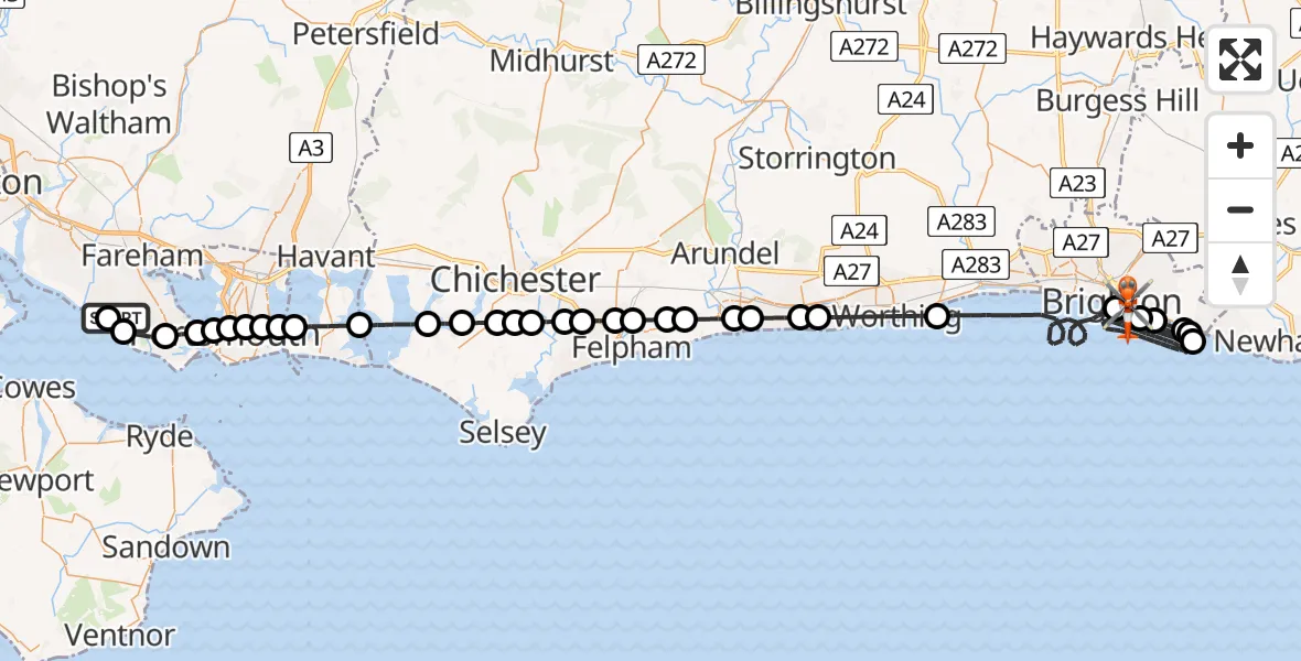 Flight route Coastguard Helicopter Solent Airport - Brighton, 13 May 2026, 05:25