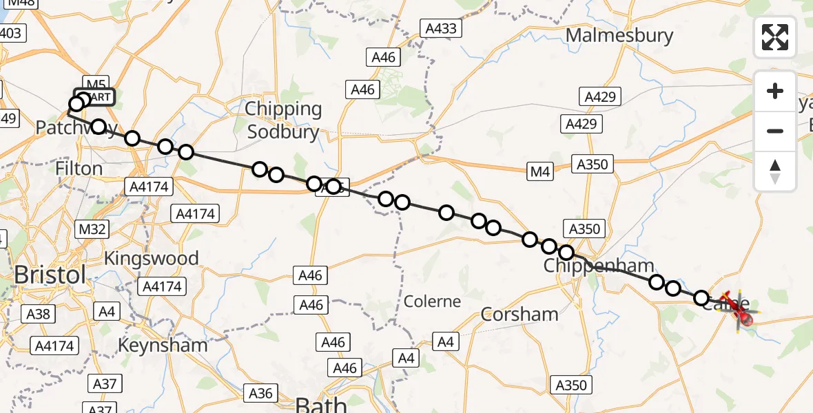 Flight route Air Ambulance Helicopter Almondsbury Helicopter Base - Calne, 13 May 2026, 06:32