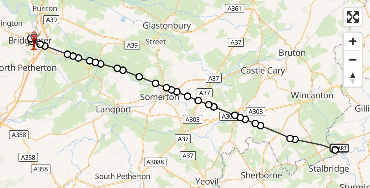 Flight route Air Ambulance Helicopter Henstridge Airfield - Bridgwater, 13 May 2026, 06:33