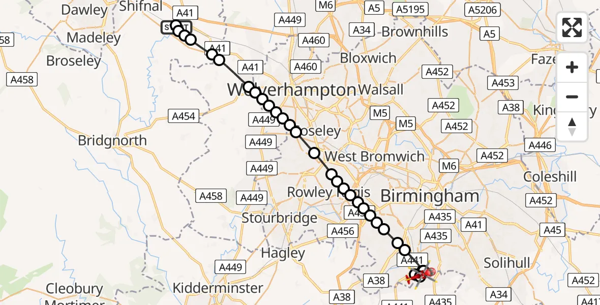 Flight route Air Ambulance Helicopter RAF Cosford - Hawkesley, 13 May 2026, 06:33